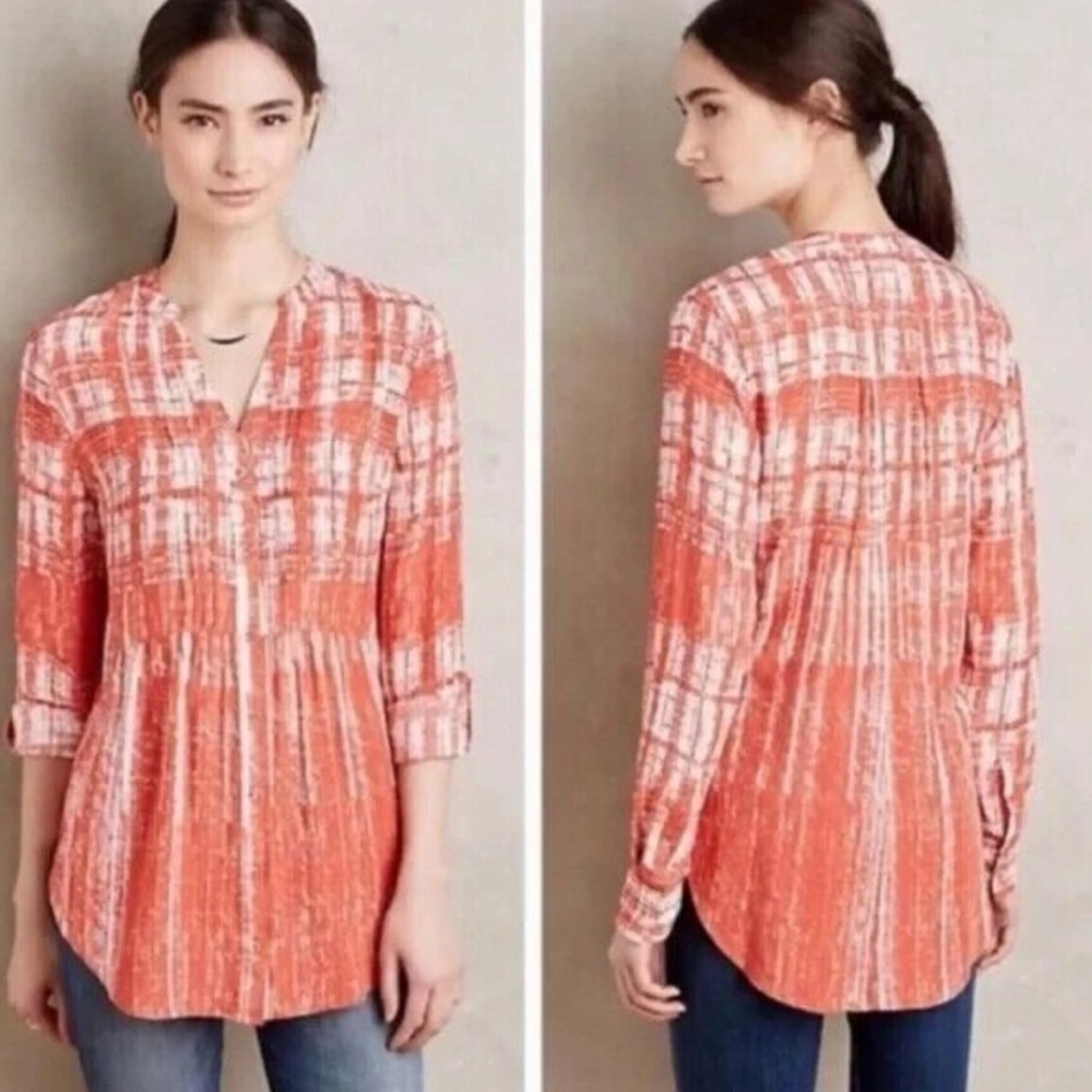 Maeve‎ Size 0 Keyhole Neck Calia Orange White Button Front Tunic Top Rayon